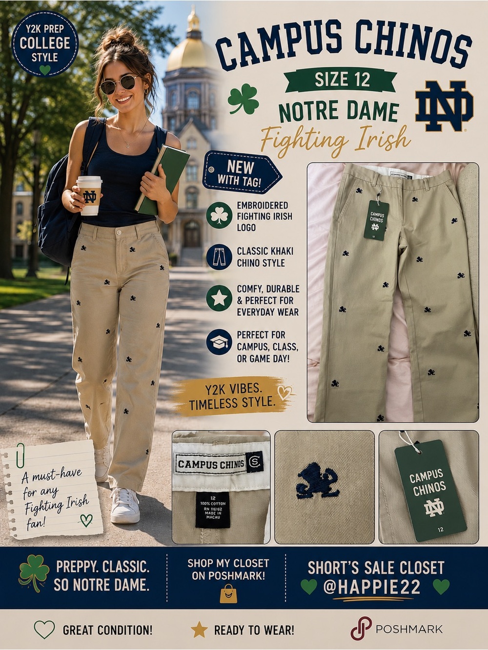Campus Chinos Notre Dame Embroidered Khaki Trousers - Size 12